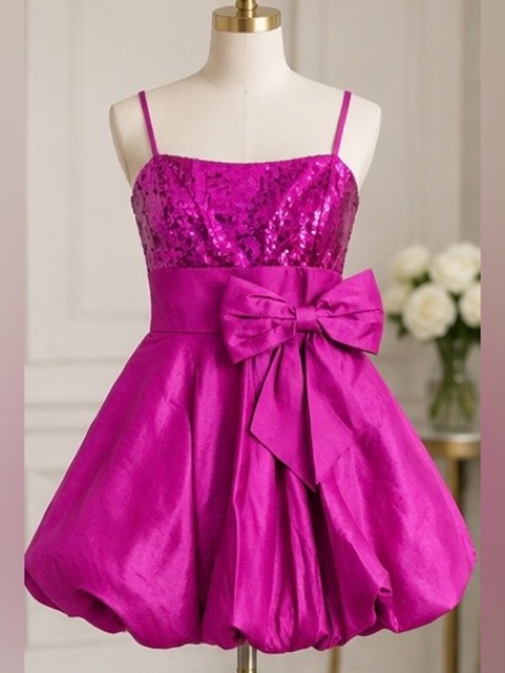 Grace in LA Fuchsia Sequin Bodice Bubble Dress with Bow